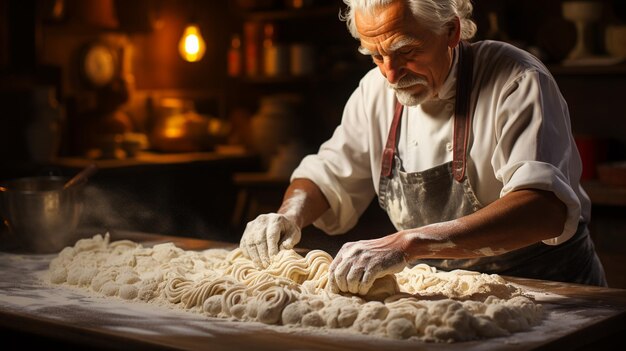 uomo che impasta la pasta sul tavolo in cucina ai