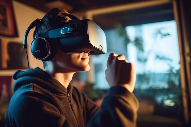 Uomo che indossa cuffie o occhiali per realtà virtuale in piedi a casa guardandosi intorno e cercando di toccare qualcosa di eccitato dall'effetto di partecipazione guardando film in 3d vr IA generativa