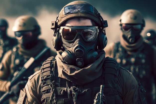 Uomo che indossa maschera antigas e occhiali protettivi davanti a un gruppo di soldati IA generativa