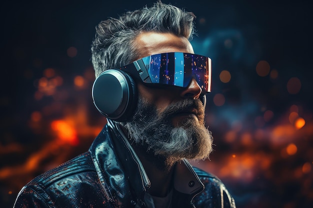 Uomo che indossa occhiali di realtà virtuale concetto di intrattenimento futuristico IA generativa