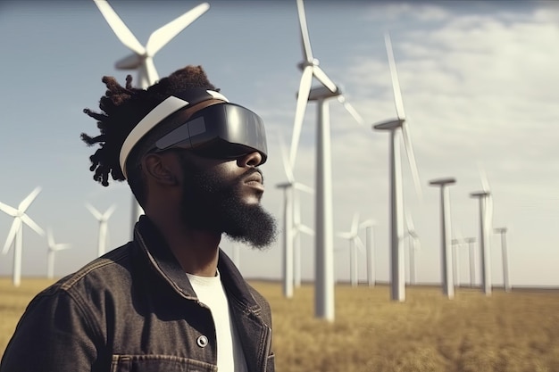 Uomo che indossa occhiali VR vicino a un campo di turbine eoliche per generare elettricità Energia rinnovabile