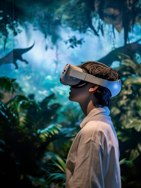 Uomo che indossa un auricolare di realtà virtuale in un sistema VR della giungla