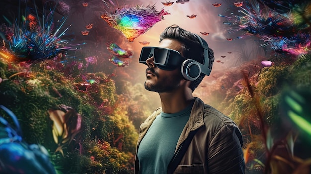 Uomo che indossa un auricolare di realtà virtuale