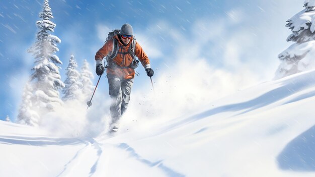 Uomo che indossa una ciaspolata che corre nella neve fresca Immagine sull'attività della stagione invernale, copia spazio per il testo