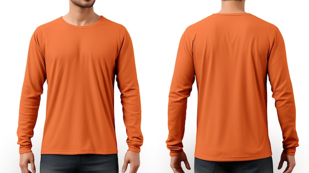 Uomo che indossa una maglietta arancione con maniche lunghe Mockup con vista anteriore e posteriore su sfondo bianco