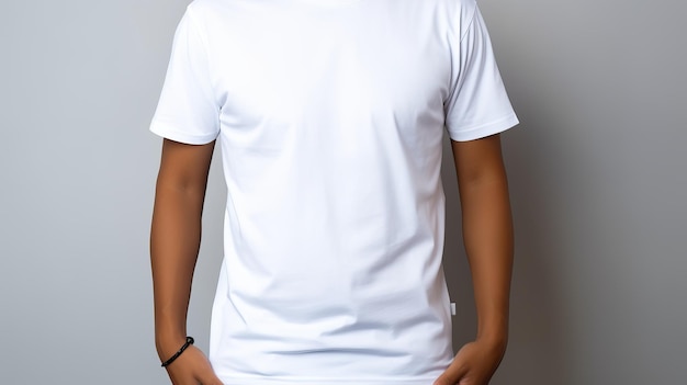 Uomo che indossa una maglietta bianca modello di modello per lo studio di stampa di progettazione girato su parete grigio chiaro