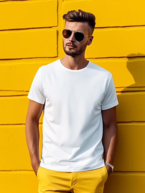 Uomo che indossa una maglietta bianca su uno sfondo giallo close-up Mockup per il design