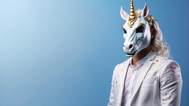 uomo che indossa una maschera da unicorno su uno sfondo blu