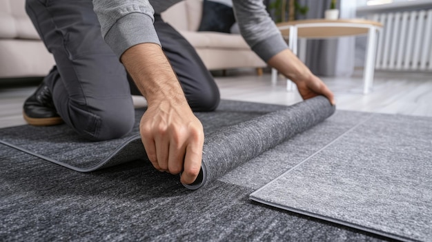 uomo che installa piastrelle di tappeto autoadesivo sul pavimento del soggiorno a casa