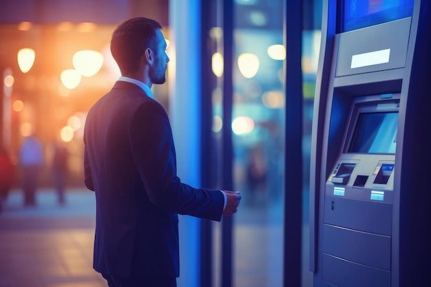 Uomo che interagisce con le mani utilizzando ATM in banca di notte