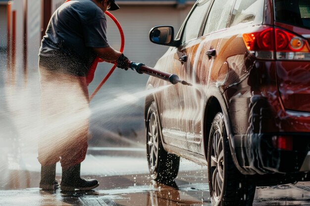 Uomo che lava l'auto con il tubo