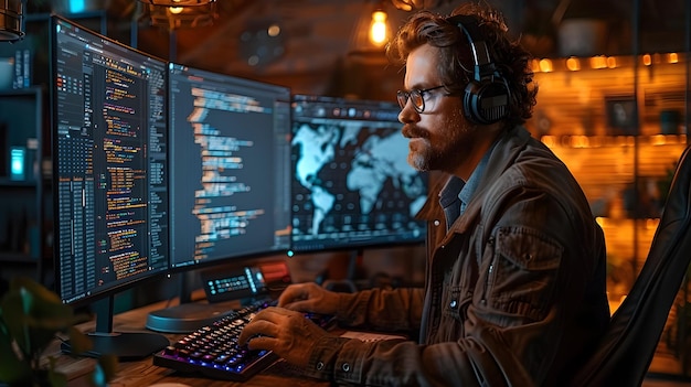 Uomo che lavora al computer con le cuffie in stile cyberpunk