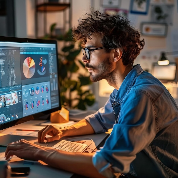 Uomo che lavora al monitor del computer