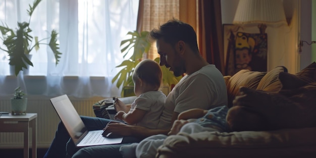 uomo che lavora con una famiglia di portatili in sottofondo AI generativa