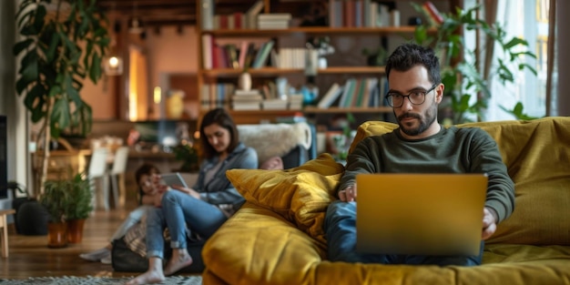 uomo che lavora con una famiglia di portatili in sottofondo AI generativa