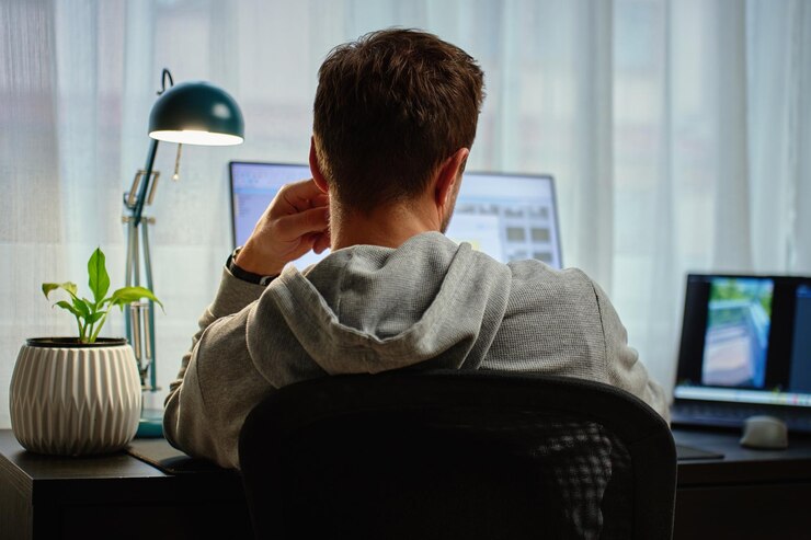 Uomo che lavora da casa alla scrivania con computer e lampada