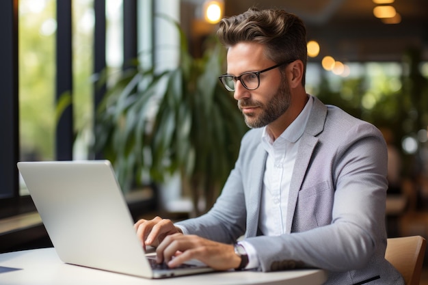 Uomo che lavora su un computer portatile in un bar con interni eleganti con piante generate dall'intelligenza artificiale