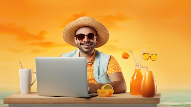 Uomo che lavora sul suo laptop durante le vacanze