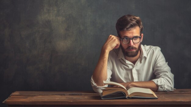 Uomo che legge un libro aperto a tavola