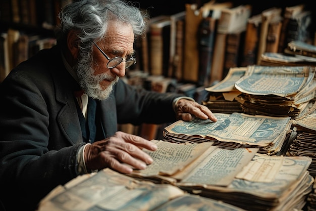 Uomo che legge un libro in biblioteca