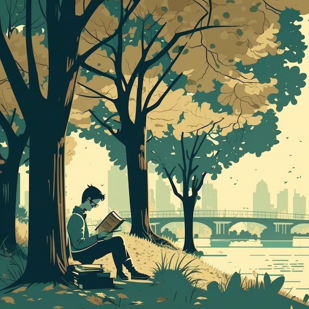 Uomo che legge un libro nel parco Illustrazione vettoriale in stile retrò Generativo Ai