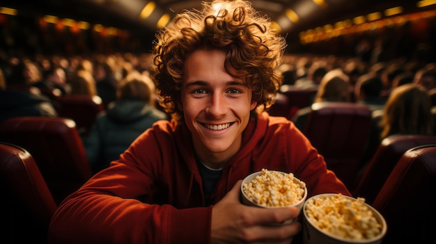 Uomo che mangia popcorn in un cinema seduto e che mangia popcorn AI generato