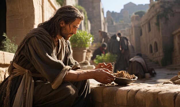 Uomo che mangia sul cornicione