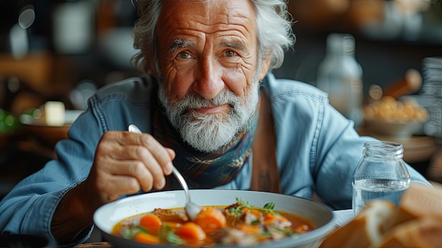 Uomo che mangia una ciotola di zuppa