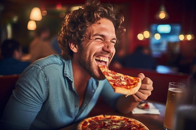 Uomo che mangia una fetta di pizza alla salsiccia al ristorante