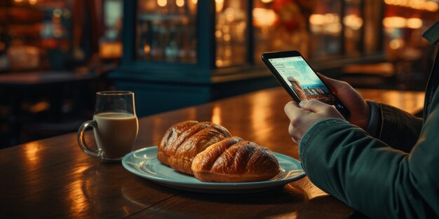 Uomo che mangia usando un gadget in un ristorante