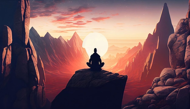 Uomo che medita al tramonto montagne relax concetto emotivo armonia natura