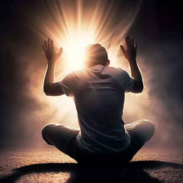 Uomo che medita nella posizione del loto con raggi di luce sulla connessione spirituale di sfondo