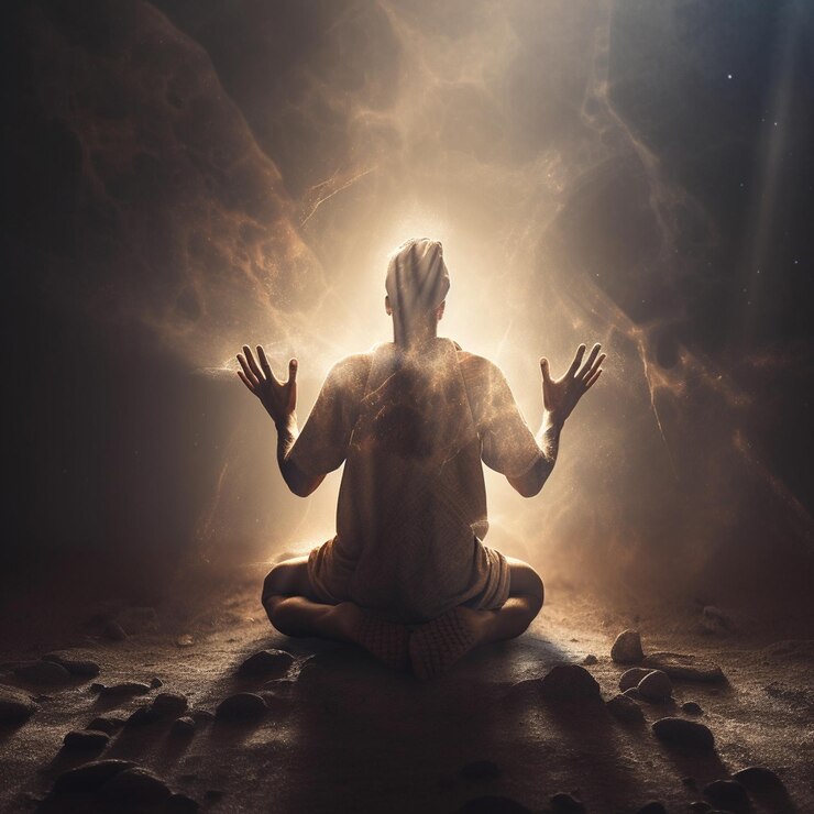 Uomo che medita nella posizione del loto con raggi di luce sulla connessione spirituale di sfondo