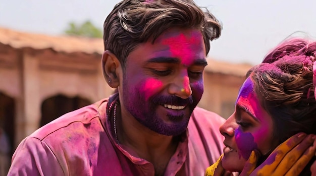 Uomo che mette il colore sul viso di una donna durante la celebrazione di Holi