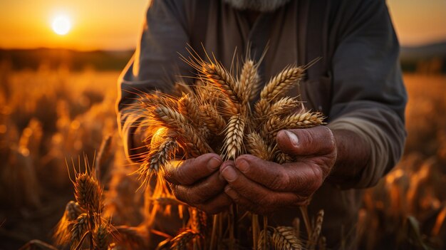 Uomo che mostra il grano nel campo