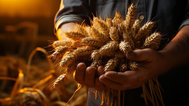 Uomo che mostra il grano nel campo