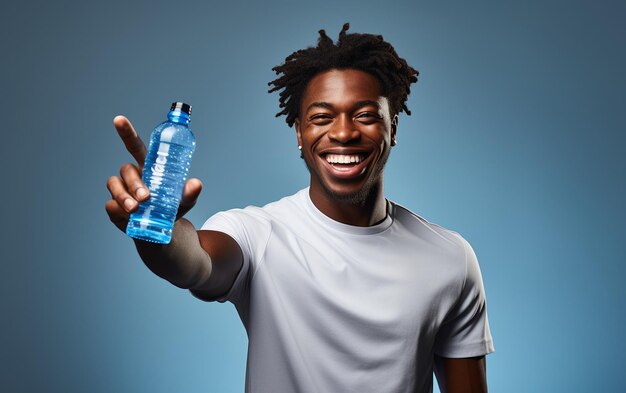 uomo che mostra la bottiglia d'acqua pubblicitaria su sfondo bianco