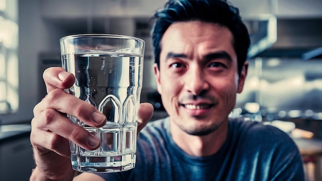 Uomo che mostra un bicchiere d'acqua