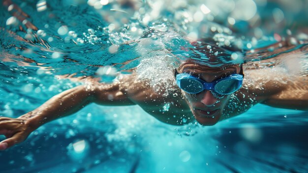 Uomo che nuota con gli occhiali in piscina