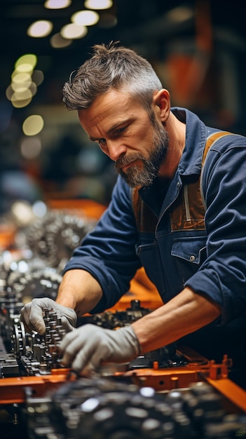 Uomo che opera come ingegnere industriale professionista qualificato e di alto livello Tecnico di macchinari metallici per l'assistenza e la manutenzione