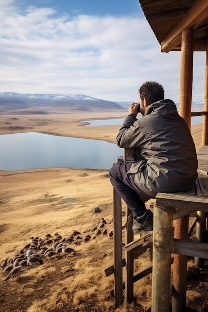 uomo che osserva gli uccelli con i binocoli dalla torre di guardia al lago Bughdasheni nell'altopiano vulcanico di Javakheti