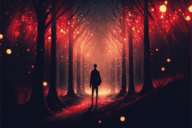 Uomo che osserva l'illuminazione moderna e luminosa all'interno di un magico bosco cremisi Concetto di fantasia Illustrazione pittura IA generativa