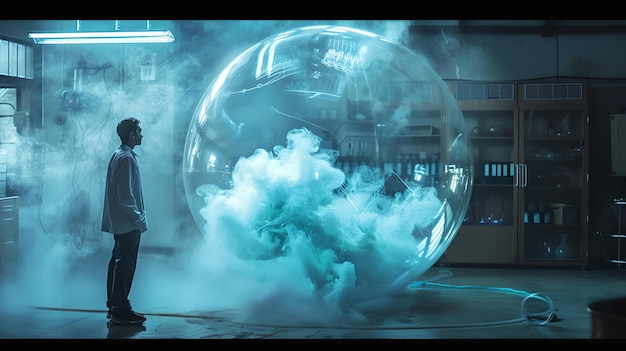 Uomo che osserva una gigantesca bolla con nuvole in un laboratorio futuristico tecnologia innovativa e scoperta scientifica concetto surreale e scena atmosferica AI