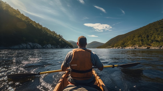 Uomo che pagaia in canoa sul lago