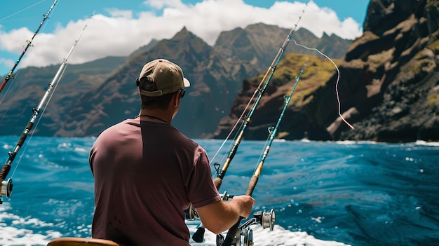 Uomo che pesca su una barca in mare aperto Bel paesaggio con acque calme e montagne Attività ricreativa e godimento della natura Perfetto per viaggi e sport Riviste AI