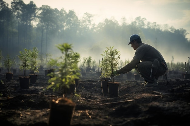 Uomo che pianta piantine nel giardino al mattino presto Fuoco selettivo