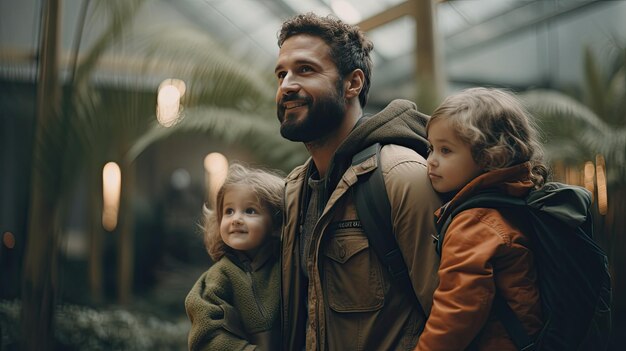 Uomo che porta due bambini in serra Festa del papà