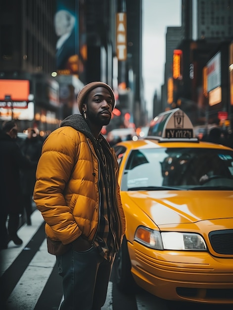 uomo che prende un taxi a New York uomo di viaggio con blog di viaggi paesaggistici