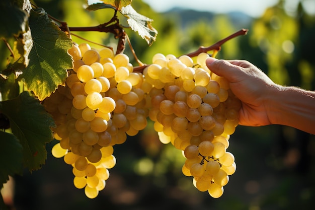 Uomo che raccoglie uva da vino bianco generato dall'intelligenza artificiale