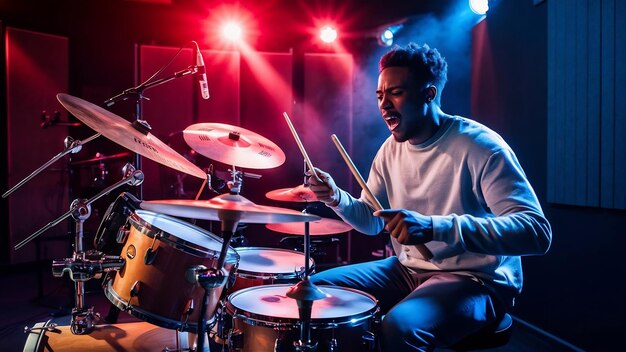 Uomo che registra la musica su un set di tamburi in studio